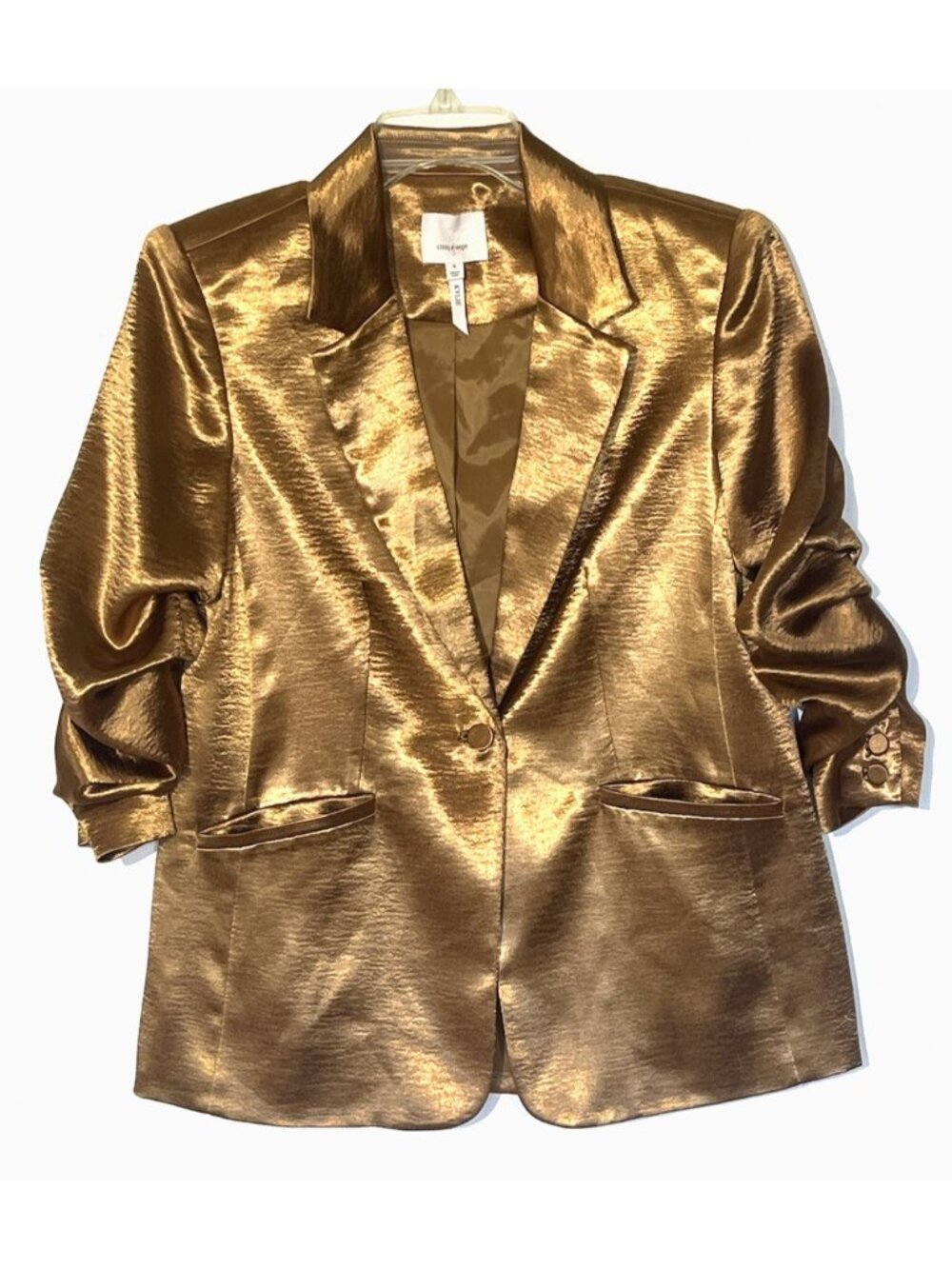 Cinq a Sept Kylie Cinnamon Satin Ruched Sleeves Blazer Jacket - Picture 3 of 12
